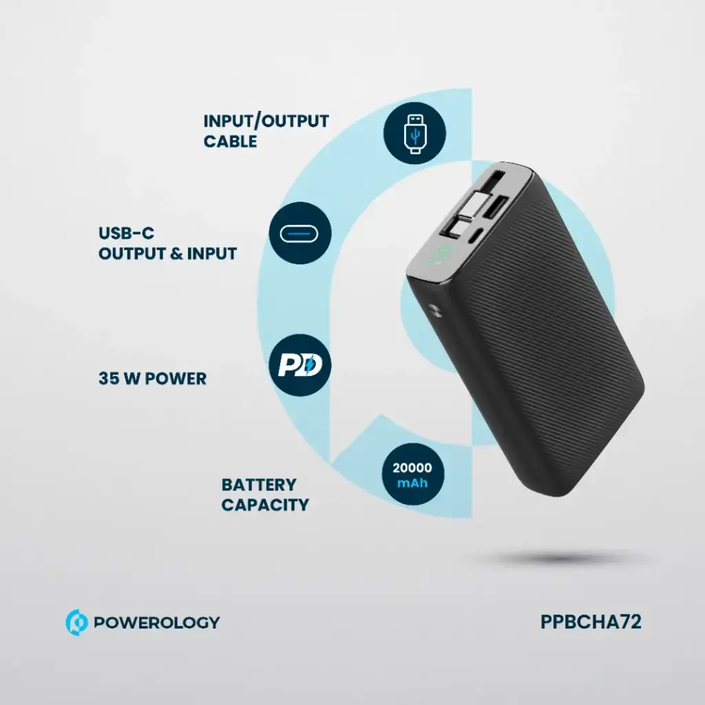 Powerology 20000mAh Retractable Cable Power Bank - Black.webp