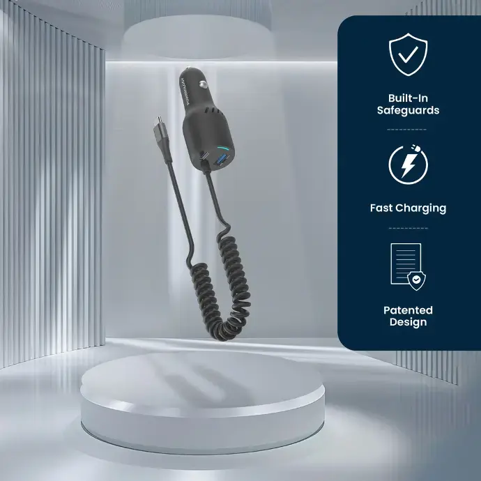 Powerology PD100W+QC18W+Type CCable 20W LED Dual Ports CarCharger With Coiled Cable-Black (2).webp