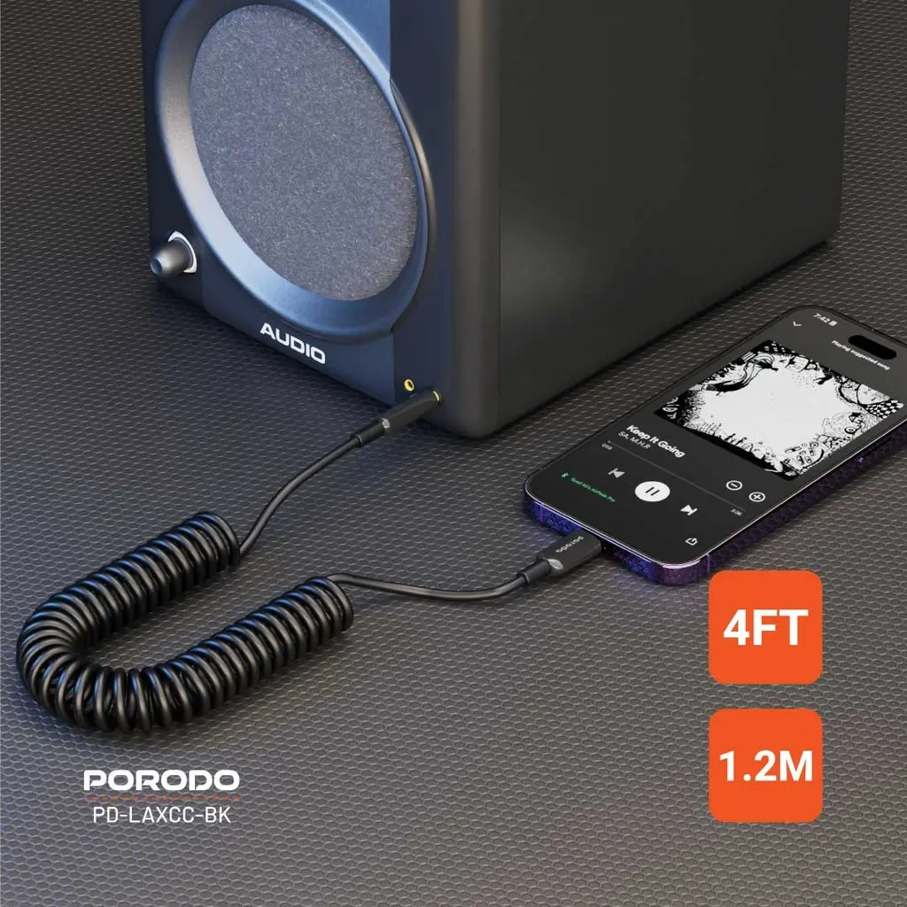 Porodo Lightning to AUX Coil Cable 1.2M - Black .webp
