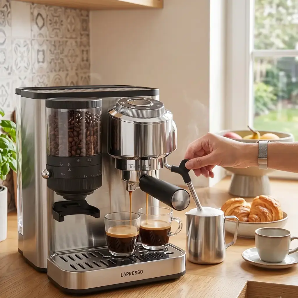 Lepresso IlBurrone 20 Bar Italian Pump Coffee Machine with Bean Grinder and Steam Wand - Silver5.webp