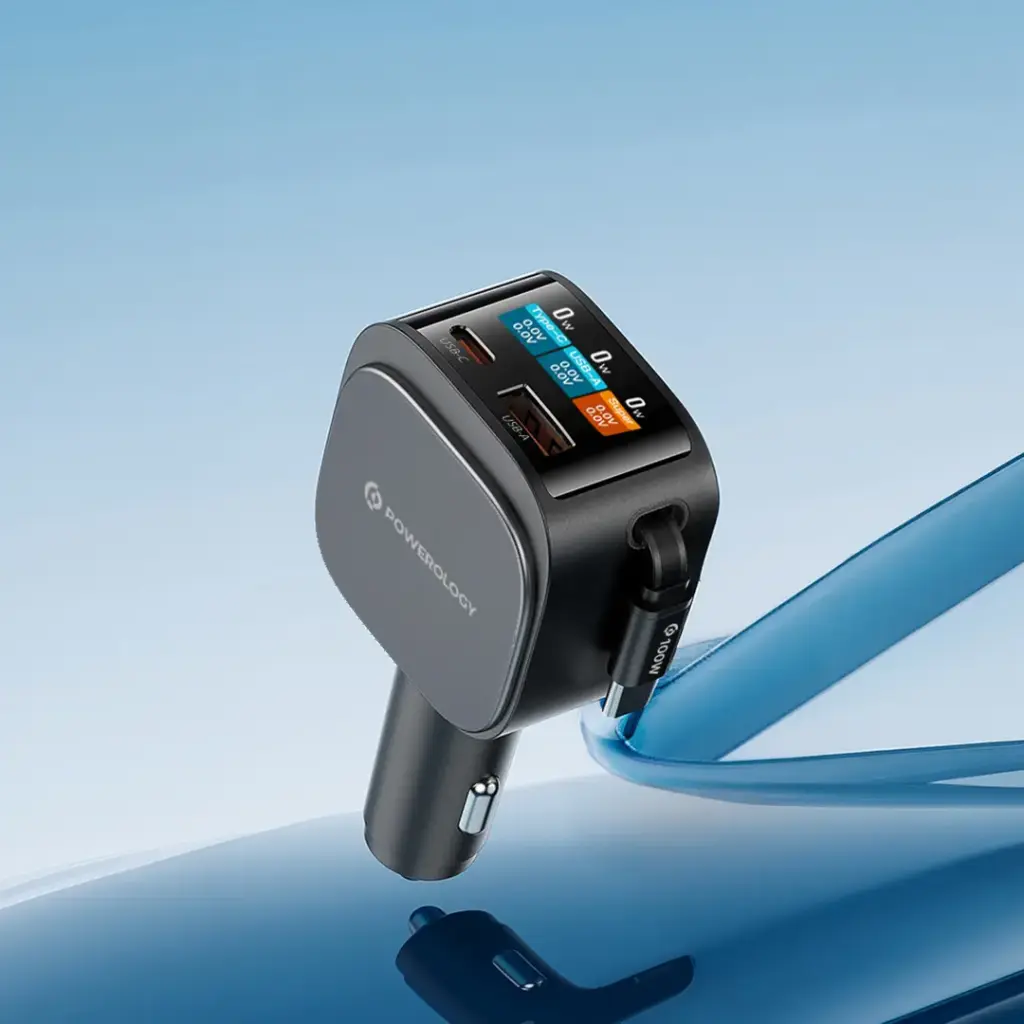 Powerology VoltMax 130W Pro Fast Car Charger with Retractable Cable2.webp