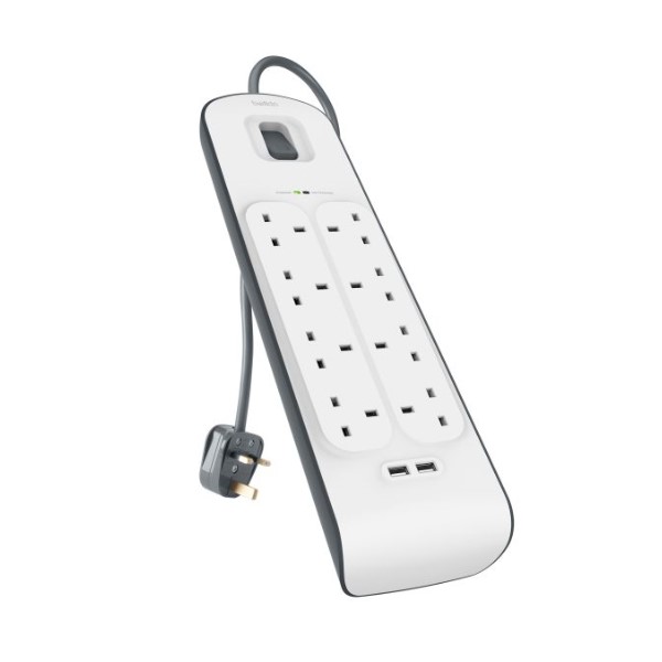 Belkin 8 Way Surge Protection Belkin 8 Way Surge Protection 2m with 2 x 2.4amp USB Charging White
