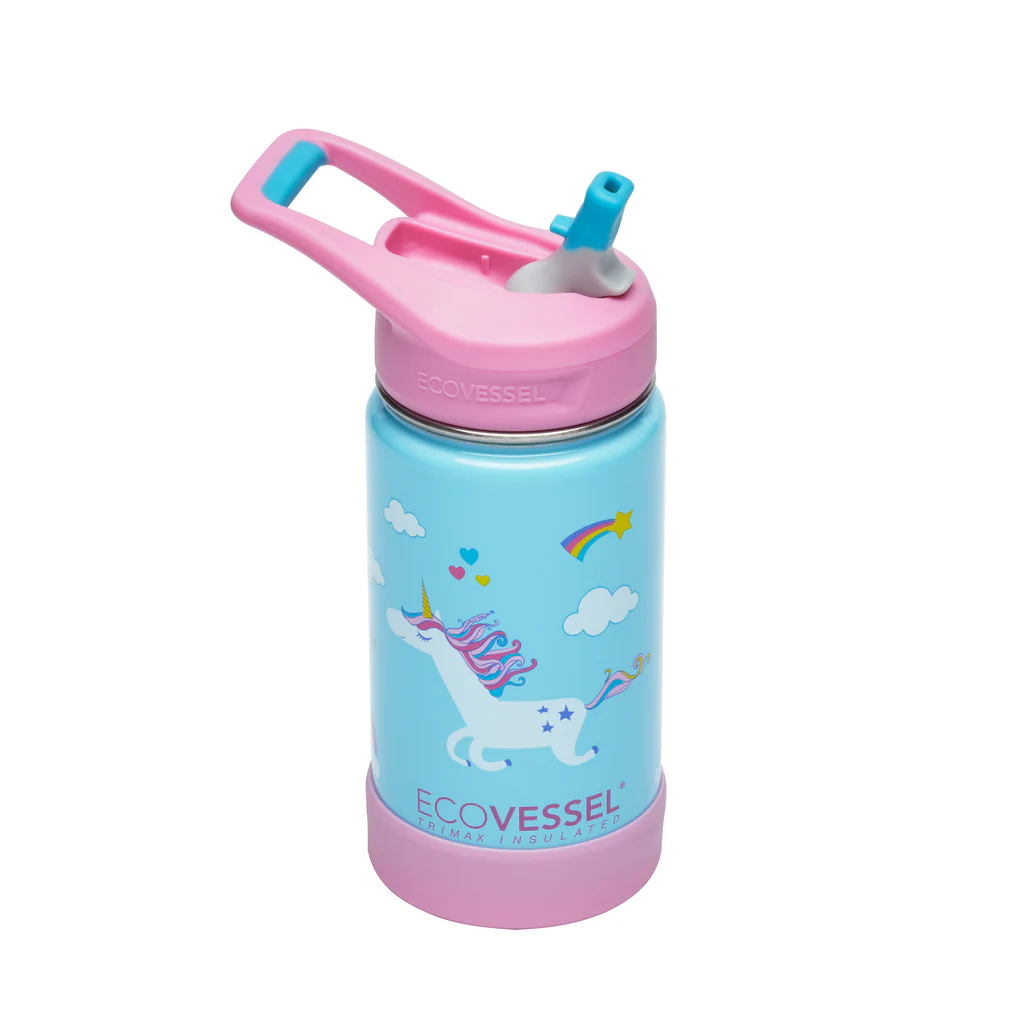 EcoVessel Frost 12 oz Kids Insulated Water Bottle with Flip Staw top, Unicorn