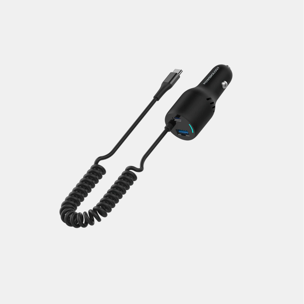 Powerology PD45W Triple Output Car Charger with Coiled cable, Black