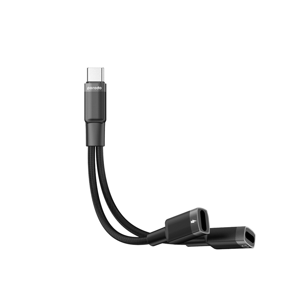 Porodo Type-C Connector Audio & Charge Adapter, Black