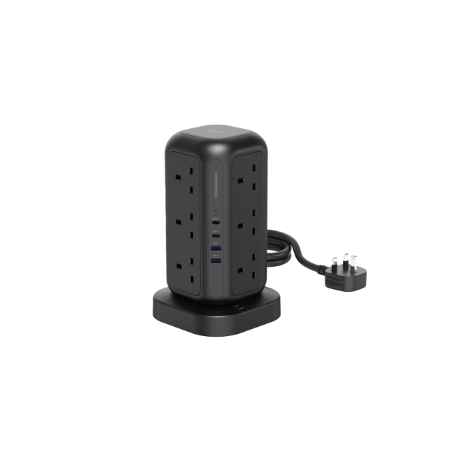 Powerology 12 AC Sockets GaN Tower Hub, Black