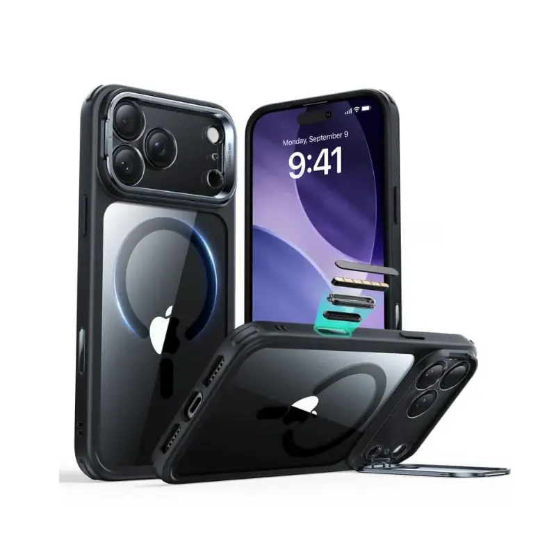 ESR iPhone 17 Pro Classic Hybrid Magnetic Case with Stash Stand, Clear Black