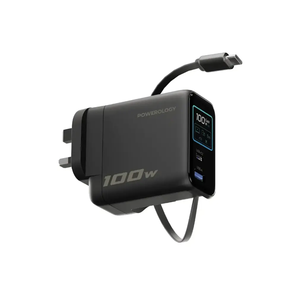 Powerology 100W TFT Adapter with Retractable Type-C Cable, Black