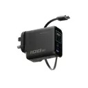 Powerology 100W TFT Adapter with Retractable Type-C Cable, Black