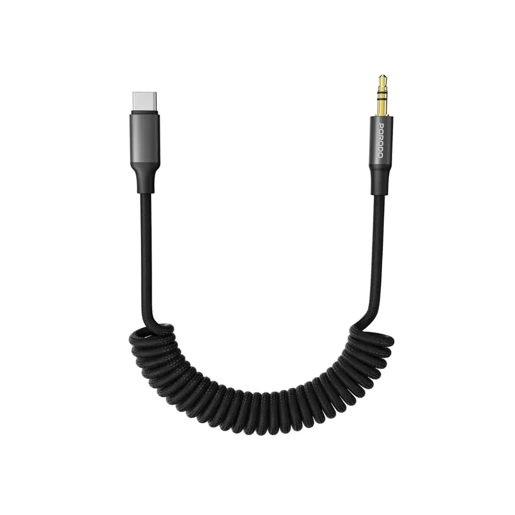 Porodo 1.5M USB-C to AUX Coil Cable, Black