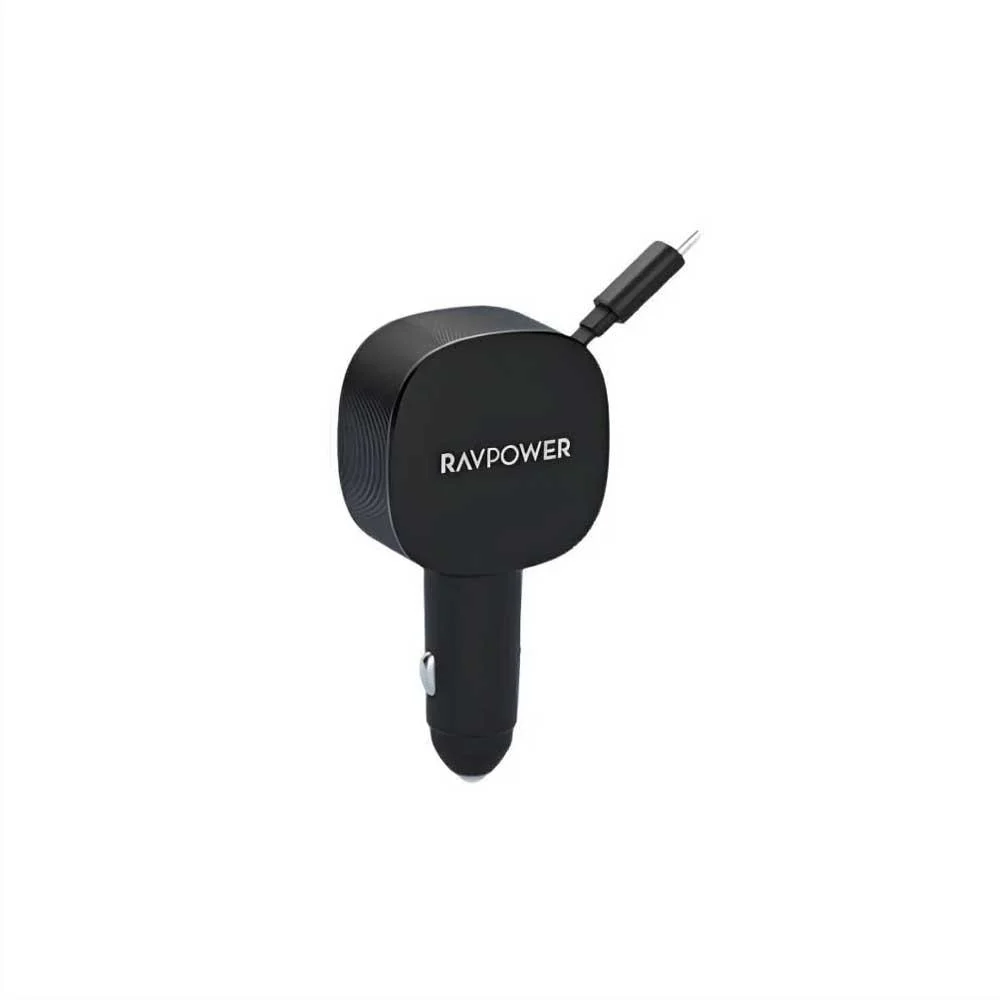 RAV Power 75W Car Charger with Retractable Cable, Black