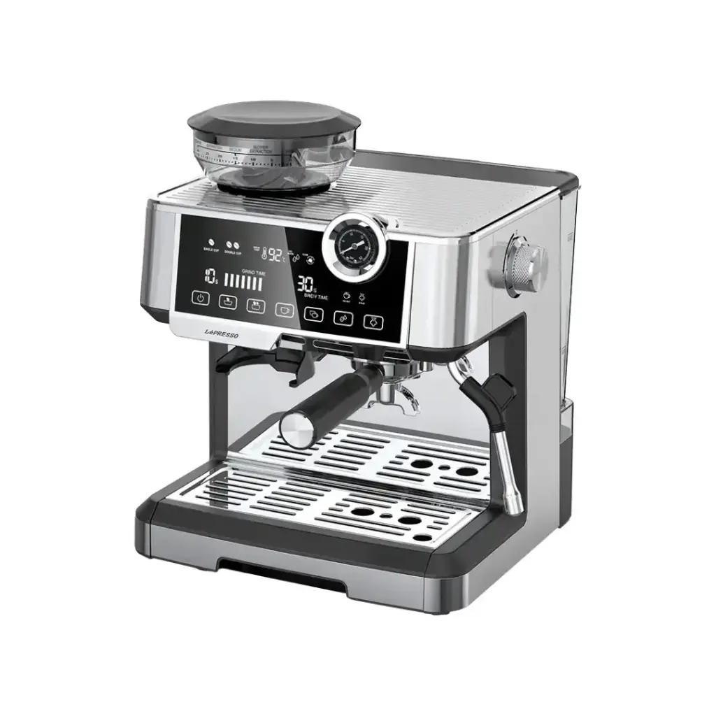 Lepresso Dual Boiler Espresso Machine with Conical Grinder & Pressure Gauge, Silver