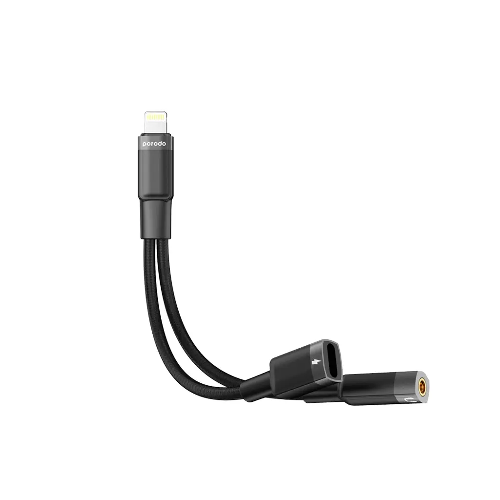 Porodo 3.5mm Audio + Ligthning Charge Adapter, Black