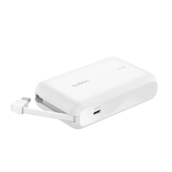[BPB021HQWH] Belkin BoostCharge Power Bank 10K, PD 20W with USB-C Integrated Cable, White