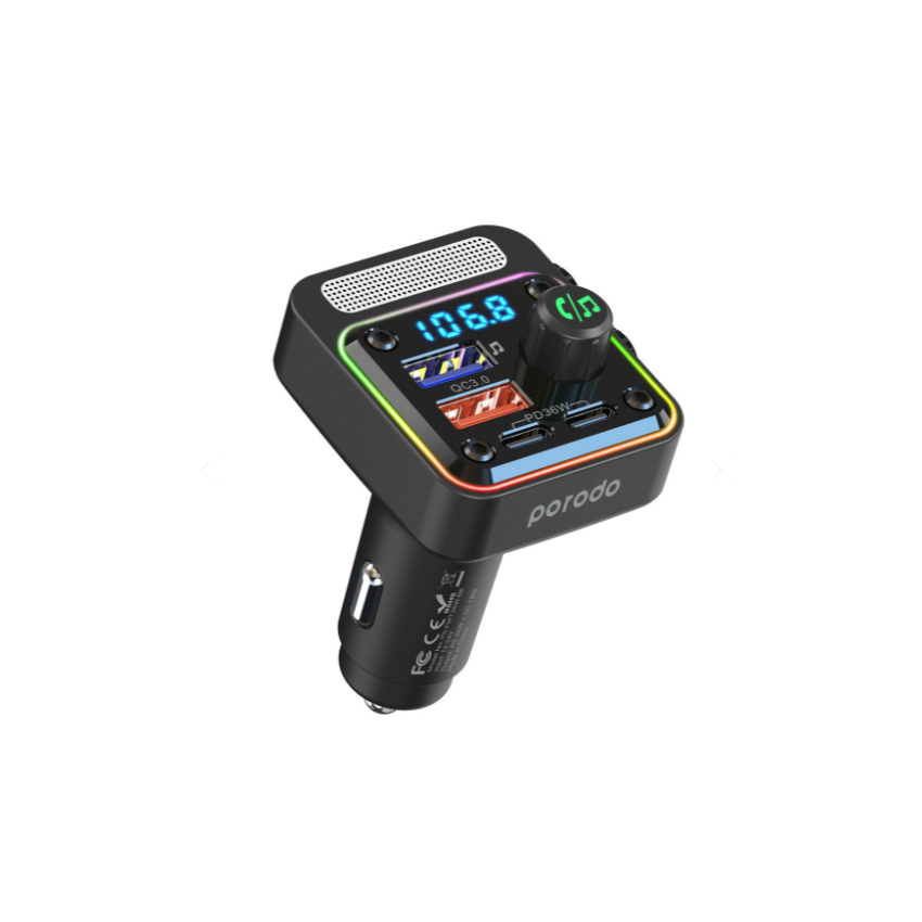[PD-FMT36W-BK] Porodo PD 30W Qick-Charge FM Car Charger, Black