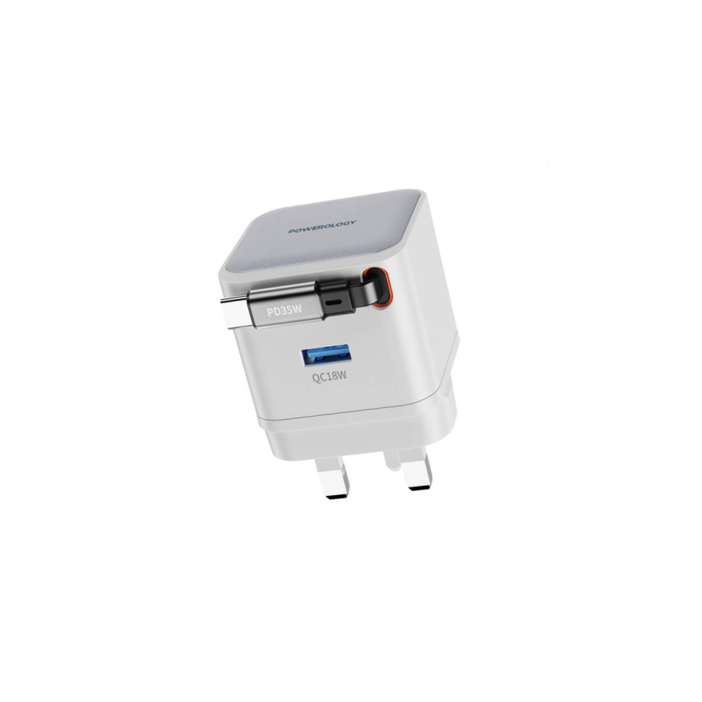 [PWCUQC032WH] Powerology 35W Dual Port Retractable GaN Charger, White