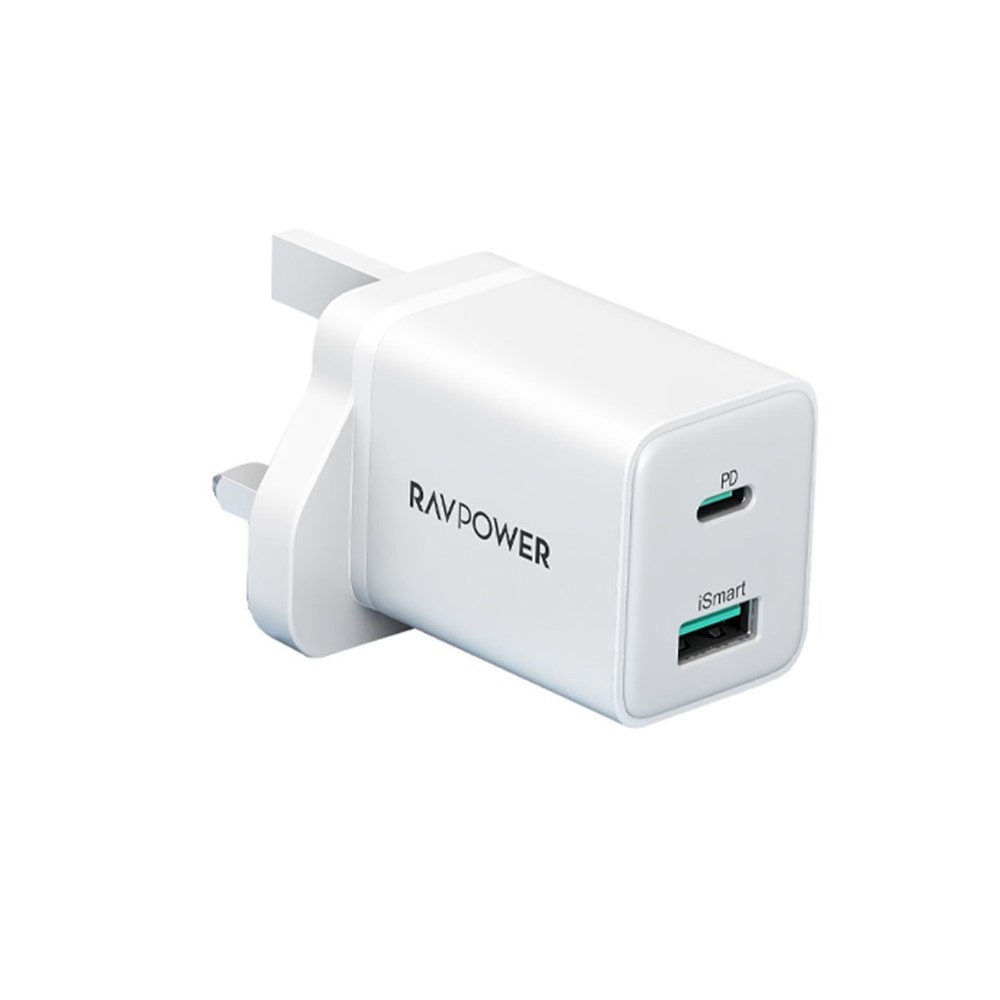 [RP-PC168] شاحن حائط بمنفذين بي دي 20 واط واي سمارت 18 واط من راف باور - لون أبيض