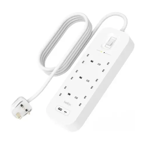 [SRB002AR2M] Belkin 6 Outlets 2M Surge Protector with  USB-C & USB-A, White