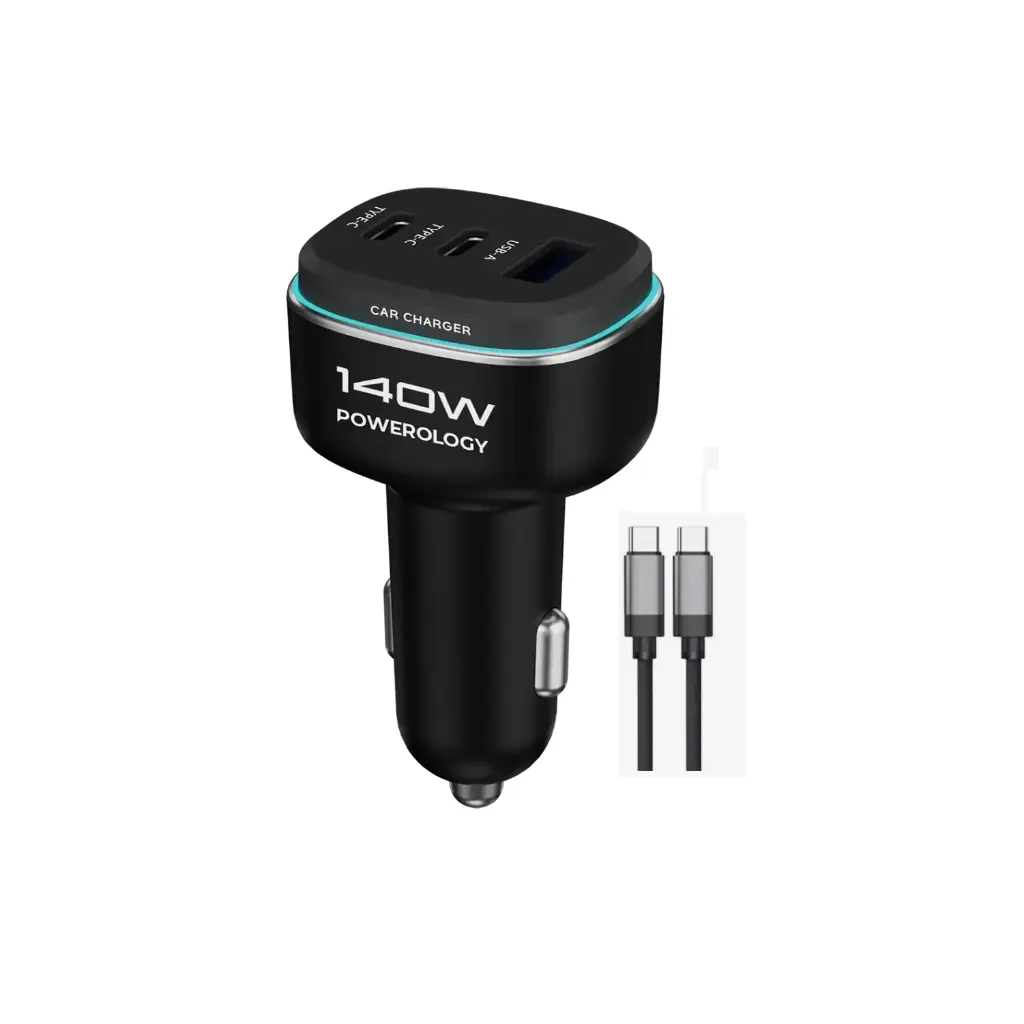 [PM-9904907066156] Powerology 140W Triple-Port High-Power Car Charger with C to C Cable, Black | Gray 