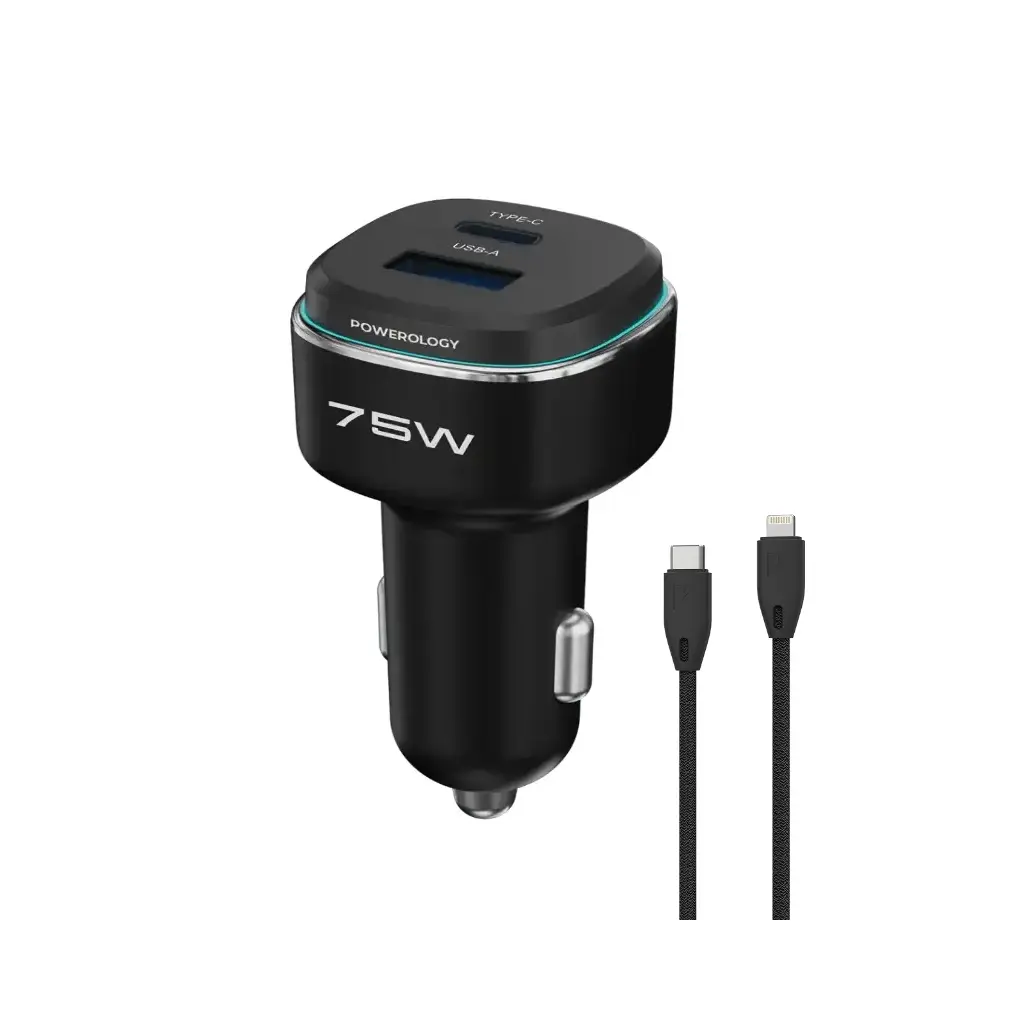 [PM-6284302708954] Powerology 75W Car Charger with C to L Cable, Black | Grey
