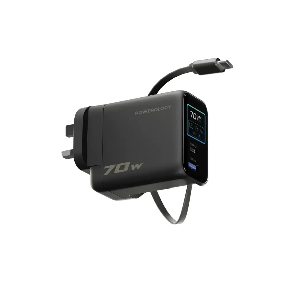 [PM-6284302747014] محول تي اف تي بقدرة 70 واط مع كابل تايب سي قابل للسحب من باورولوجي - لون أسود
