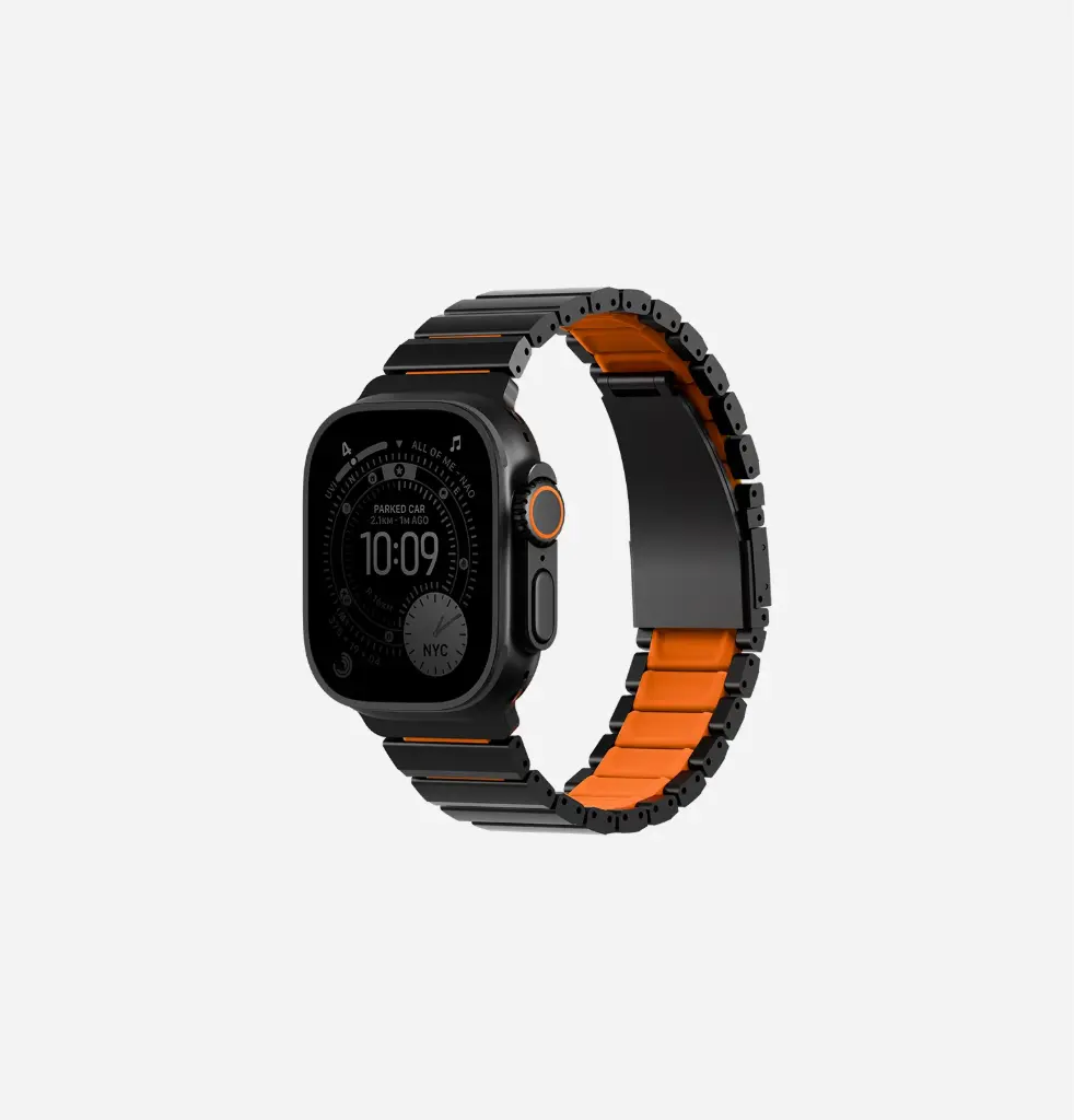 [UNIQ-49MM-STRVFMBLKVORG] سوار ستروڤا فلكس هايبرد من الستانلس ستيل لساعة أبل من يونيك - لون أسود منتصف الليل / برتقالي فولت