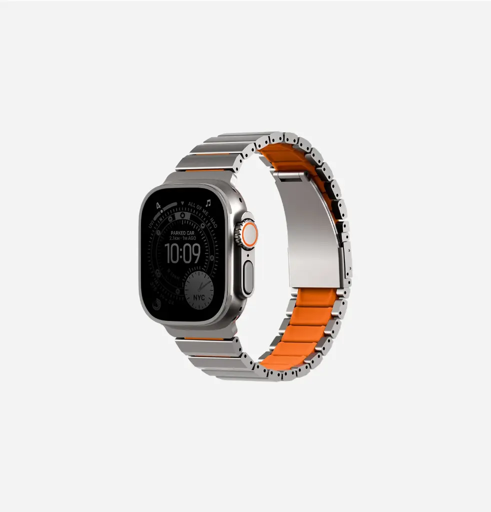 [UNIQ-49MM-STRVFTSILVORG] UNIQ Strova Flex Hybrid Stainless Steel Apple Watch Strap, Titanium Silver | Volt Orange