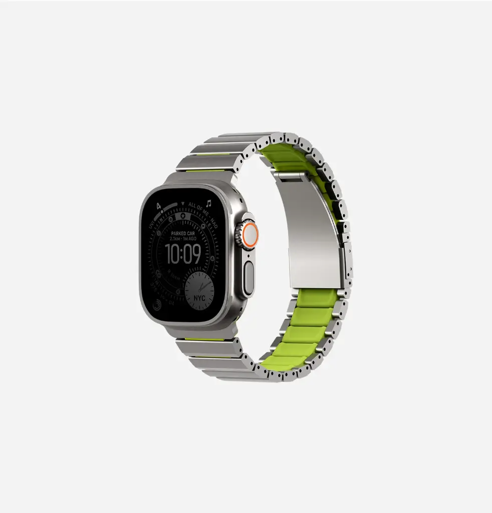 [UNIQ-49MM-STRVFTSILLGRN] UNIQ Strova Flex Hybrid Stainless Steel Apple Watch Strap, Titanium Silver | Lime Green