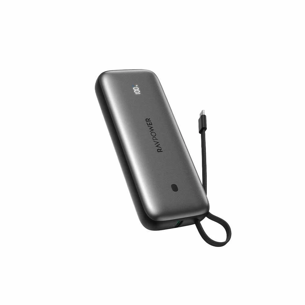 [75-27201-011] RAV Power 20K Mah Powerbank with built-in USB-C cable, Black