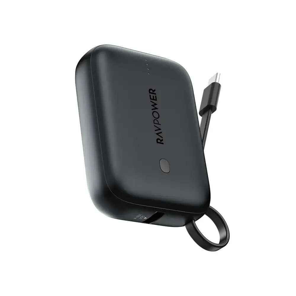 [75-27201-014] RAV Power 10K Mah Powerbank with built-in USB-C cable, Black
