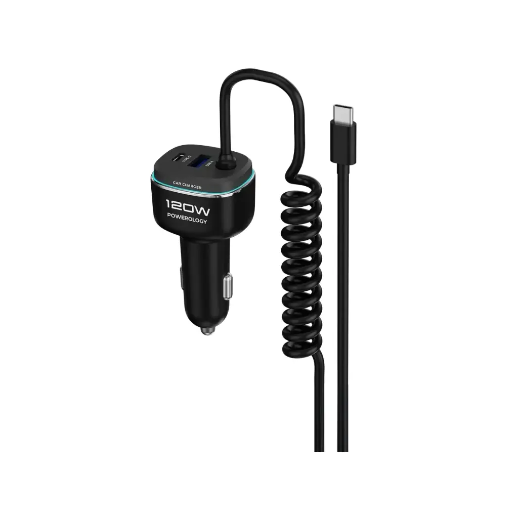 [PCCSR026BKGY] Powerology 120W Car Charger w/ Built-IN Cable, Black | Gray 