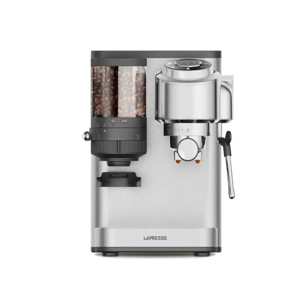 [PM-6284302772214] LePRESSO IlBurrone 20 Bar Italian Pump Coffee Machine with Bean Grinder and Steam Wand, Silver