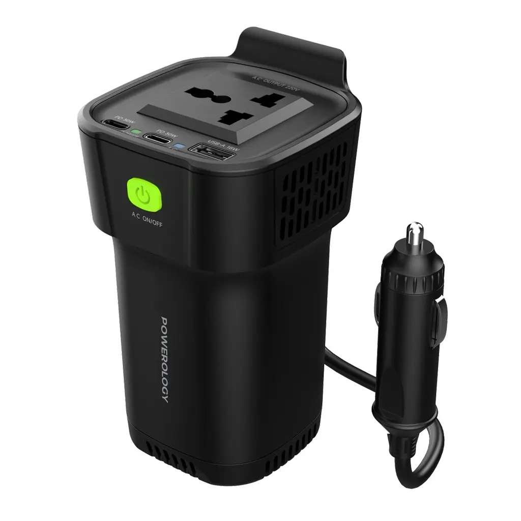 [7834953557211] Powerology 150W Cup Holder Power Inverter Car Charger, Black
