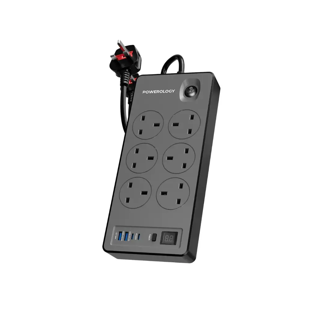 [PM-9904781927512] مشترك كهربائي بقدرة 2990 واط بطول 2 متر و6 منافذ من باورولوجي - لون أسود
